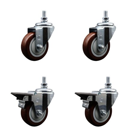 Service Caster 35 Inch Maroon Polyurethane 10 MM Threaded Stem Caster Set 2 Brakes SCC SCC-TS20S3514-PPUB-MRN-M1015-2-PLB-2